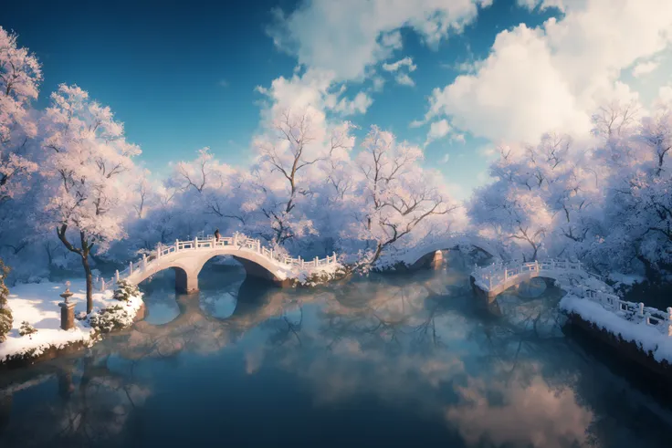 masterpiece, best quality, high quality, extremely detailed CG unity 8k wallpaper, classical chinese garden, scenery, amsterdam, winter,snowing,outdoors, sky, cloud, day, landscape, water, tree, blue sky, waterfall, nature, lake, river, cloudy sky,award winning photography, Bokeh, Depth of Field, HDR, bloom, Chromatic Aberration ,Photorealistic,extremely detailed, trending on artstation, trending on CGsociety, Intricate, High Detail, dramatic, art by midjourney