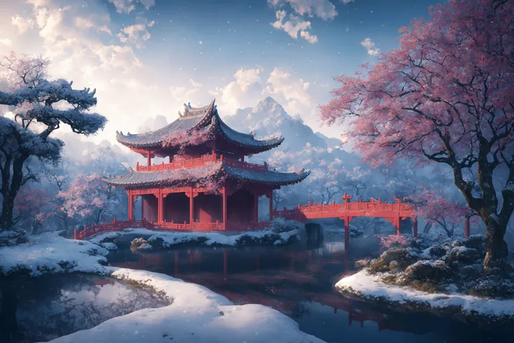 masterpiece, best quality, high quality, extremely detailed CG unity 8k wallpaper, classical chinese garden, scenery, amsterdam, winter,((snowing)),outdoors, sky, day, landscape, water, tree, blue sky, waterfall, nature, lake, river, cloudy sky,award winning photography, Bokeh, Depth of Field, HDR, bloom, Chromatic Aberration ,Photorealistic,extremely detailed, trending on artstation, trending on CGsociety, Intricate, High Detail, dramatic, art by midjourney