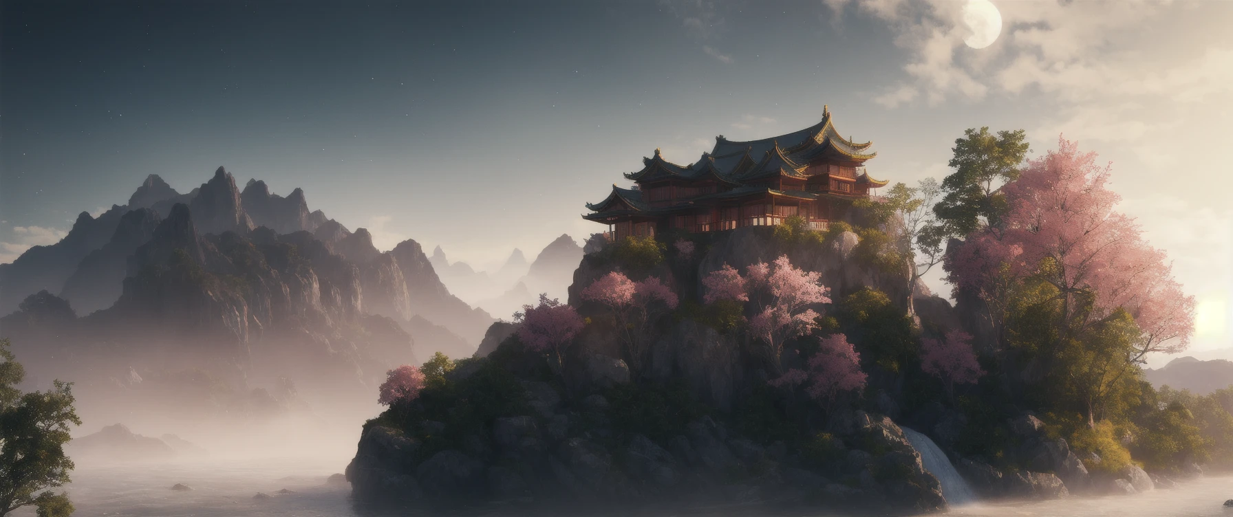 <lora:gachaSplashLORA_gachaSplashFarShot:.0.7>
masterpiece, best quality, high quality, extremely detailed CG unity 8k wallpaper, outdoors, sky, cloud, night, no humans, mountain,
A Chinese-style palace sits on the hillside,
moonlight, cinemagraph,
landscape, water, tree, dark sky, waterfall, cliff, nature, lake, river, cloudy sky,award winning photography, Bokeh, Depth of Field, HDR, bloom, Chromatic Aberration ,Photorealistic,extremely detailed, trending on artstation, trending on CGsociety, Intricate, High Detail, dramatic, art by midjourney