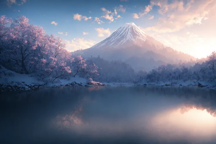 masterpiece, best quality, high quality, extremely detailed CG unity 8k wallpaper,Fujiyama,snow,winter,outdoors, sky, day, landscape, water, tree, blue sky, waterfall, nature, lake, river, cloudy sky,award winning photography, Bokeh, Depth of Field, HDR, bloom, Chromatic Aberration ,Photorealistic,extremely detailed, trending on artstation, trending on CGsociety, Intricate, High Detail, dramatic, art by midjourney