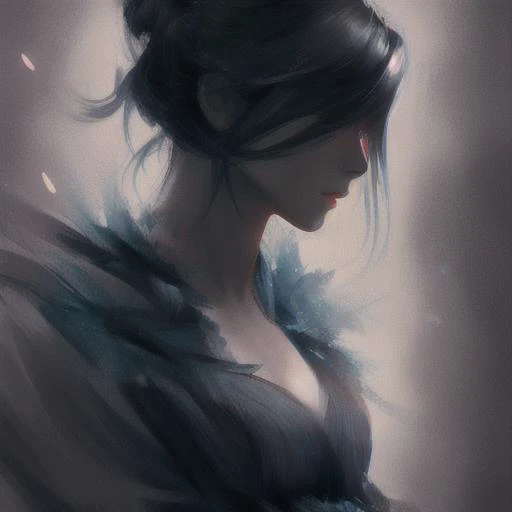 soft brush, (digital painting:1.2), closeup, (black background), by Artgerm, concept art, (coherent: 1.3), trending on artstation, Photoshop, excellent composition, cinematic atmosphere, dynamic cinematic lighting, aesthetic, female, (dark blue dress), arthouse