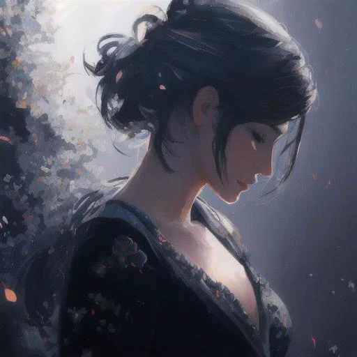 soft brush, (digital painting:1.2), closeup, (black background), by Artgerm, concept art, (coherent: 1.3), trending on artstation, Photoshop, excellent composition, cinematic atmosphere, dynamic cinematic lighting, aesthetic, female, ponytail, smile, (white dress with floral patterns), arthouse