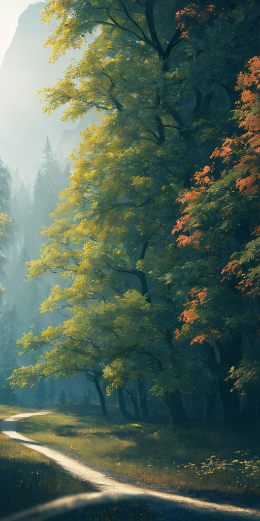 There is a painting of a road in the woods with trees - SeaArt AI