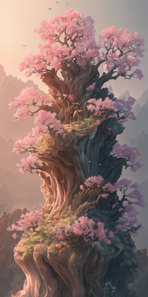 A painting of a tree with pink flowers on top of a mountain - SeaArt AI