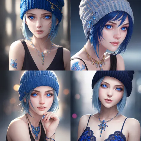 masterpiece, best quality, high quality,extremely detailed CG unity 8k wallpaper, 1girl, solo, blue hair, tattoo, short hair, beanie, jewelry, smile, necklace, looking at viewer, hat, realistic, open mouth, teeth, upper body, tank top, nose, bare shoulders, artist name, black headwear, collarbone, arm tattoo, blue eyes, lips, blurry, oil paiting, award winning photography, Bokeh, Depth of Field, HDR, bloom, Chromatic Aberration ,Photorealistic,extremely detailed, trending on artstation, trending on CGsociety, Intricate, High Detail, dramatic, art by midjourney