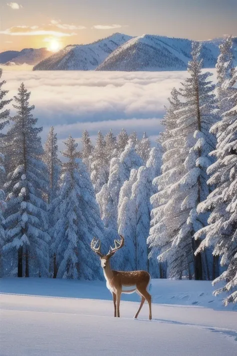 masterpiece, best quality CG unity 8k wallpaper of
(a deer in the center,1.5) stare at viewer,
A breathtaking winter landscape, blanketed in a mantle of snow. 
(a footpath) meander to  the distance, in the side, tall evergreens stand with their branches weighed down by heavy snow, 
a far way (misty mountain) has golden glow in peek