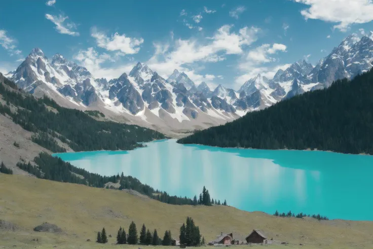 5 wild geese in the upper part of the picture, snow-capped mountains in the distance, turquoise lakes at the foot of the mountains, pale green grasslands nearby, and a log cabin nearby