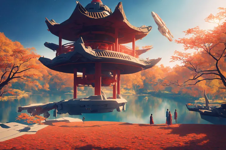 masterpiece, best quality, high quality, extremely detailed CG unity 8k wallpaper, classical chinese garden at night, scenery, fall ,((pink leaves, orange leaves)),outdoors, sky, night, landscape, water, tree, night sky with stars, waterfall, nature, lake, river, clear sky, (((people wearing kimonos in the foreground, large corsair spaceship hovering in the sky in the background))), award winning photography, Bokeh, Depth of Field, HDR, bloom, Chromatic Aberration ,Photorealistic,extremely detailed, trending on artstation, trending on CGsociety, Intricate, High Detail, dramatic, art by midjourney