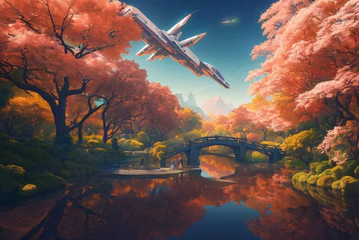 masterpiece, best quality, high quality, extremely detailed CG unity 8k wallpaper, classical chinese garden at night, scenery, fall ,((pink leaves, orange leaves)),outdoors, sky, night, landscape, water, tree, night sky with stars, waterfall, nature, lake, river, clear sky, (((people wearing kimonos in the foreground, large corsair spaceship hovering in the sky in the background))), award winning photography, Bokeh, Depth of Field, HDR, bloom, Chromatic Aberration ,Photorealistic,extremely detailed, trending on artstation, trending on CGsociety, Intricate, High Detail, dramatic, art by midjourney