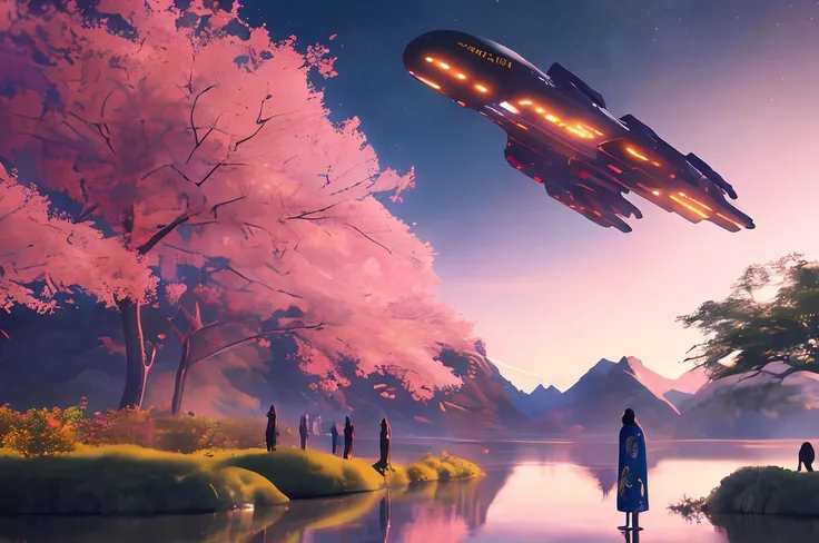 masterpiece, best quality, high quality, extremely detailed CG unity 8k wallpaper, classical chinese garden at night, scenery, spring, ((pink leaves on trees)) ,outdoors, sky, night, landscape, water, tree, night sky with stars, waterfall, nature, lake, river, clear sky, (((people wearing kimonos in the foreground, large corsair spaceship hovering in the sky in the background))), award winning photography, Bokeh, Depth of Field, HDR, bloom, Chromatic Aberration ,Photorealistic,extremely detailed, trending on artstation, trending on CGsociety, Intricate, High Detail, dramatic, art by midjourney
