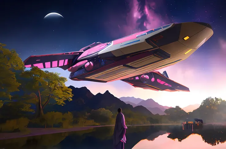masterpiece, best quality, high quality, extremely detailed CG unity 8k wallpaper, classical chinese garden at night, scenery, spring, ((pink leaves on trees)) ,outdoors, sky, night, landscape, water, tree, night sky with stars, waterfall, nature, lake, river, clear sky, (((people wearing kimonos in the foreground, large corsair spaceship hovering in the sky in the background))), award winning photography, Bokeh, Depth of Field, HDR, bloom, Chromatic Aberration ,Photorealistic,extremely detailed, trending on artstation, trending on CGsociety, Intricate, High Detail, dramatic, art by midjourney