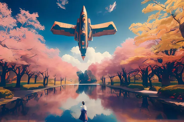 masterpiece, best quality, high quality, extremely detailed CG unity 8k wallpaper, classical chinese garden at night, scenery, fall ,((pink leaves, orange leaves)),outdoors, sky, night, landscape, water, tree, night sky with stars, waterfall, nature, lake, river, clear sky, (((people wearing kimonos in the foreground, large corsair spaceship hovering in the sky in the background))), award winning photography, Bokeh, Depth of Field, HDR, bloom, Chromatic Aberration ,Photorealistic,extremely detailed, trending on artstation, trending on CGsociety, Intricate, High Detail, dramatic, art by midjourney
