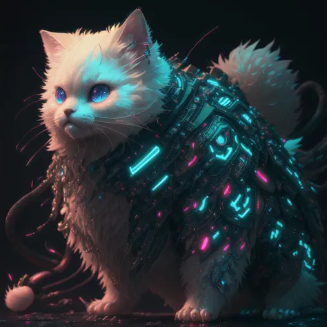 a cyberpunk CAT, detailed, full body, (cute fluffy cat ), ultra sharp focus, analog style, modelshoot style, nudity, 8k, photorealistic, highly detailed fluff, uplight, intricate details and sharp, octane render, very cute cat, beautiful cat, [neon lights], psychedelic,  highly detailed fluff, intricate details and sharp,  vivid,  best quality, very realistic. 8k, full details, <lora:midjourneyLora_v10:1>