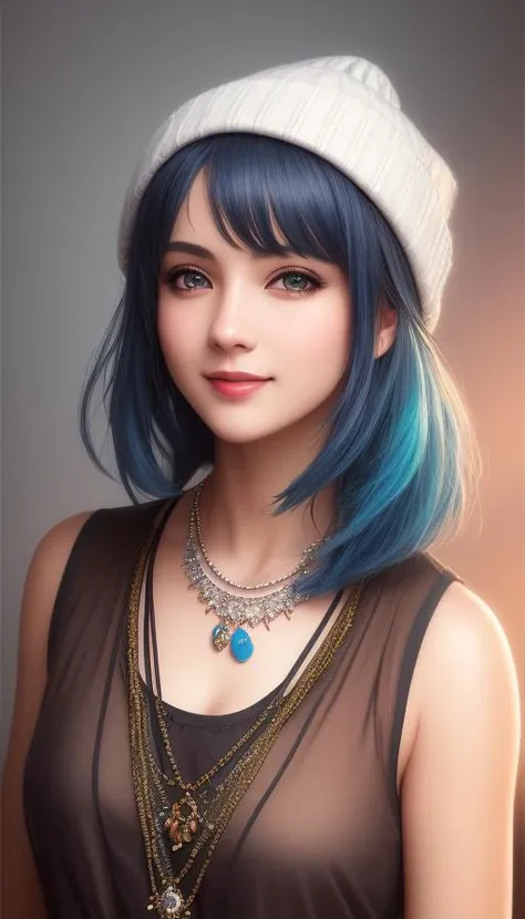 masterpiece, best quality, high quality,extremely detailed CG unity 8k wallpaper, 1girl, solo, blue hair, tattoo, short hair, beanie, jewelry, smile, necklace, looking at viewer, realistic, open mouth, teeth, upper body, tank top, nose, bare shoulders, black headwear, collarbone, arm tattoo, blue eyes, lips, blurry, oil paiting, award winning photography, Bokeh, Depth of Field, HDR, bloom, Chromatic Aberration ,Photorealistic,extremely detailed, trending on artstation, trending on CGsociety, Intricate, High Detail, dramatic, art by midjourney