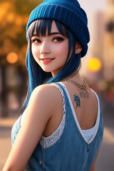 masterpiece, best quality, high quality,extremely detailed CG unity 8k wallpaper, 1girl, solo, blue hair, tattoo, short hair, beanie, jewelry, smile, necklace, looking at viewer, realistic, open mouth, teeth, upper body, tank top, nose, bare shoulders, black headwear, collarbone, arm tattoo, blue eyes, lips, blurry, oil paiting, award winning photography, Bokeh, Depth of Field, HDR, bloom, Chromatic Aberration ,Photorealistic,extremely detailed, trending on artstation, trending on CGsociety, Intricate, High Detail, dramatic, art by midjourney