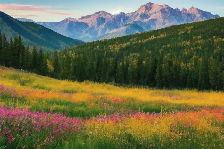 Create an expressive oil painting of a sunlit Colorado meadow, showcasing vibrant wildflowers, gently rolling hills, and a backdrop of towering mountain peaks. The style should be inspired by Impressionist paintings, with a focus on loose brushstrokes, vivid colors, and capturing the essence of the scene. Incorporate elements like aspen trees, grazing wildlife, and a meandering stream, creating an inviting and tranquil atmosphere. The color palette should include a variety of warm and cool colors, reflecting the changing light and natural beauty of the Colorado landscape. The composition should be a mid-range shot using a virtual 50mm lens, emphasizing the sense of depth and the captivating interplay of light and color <hypernet:longexposure_v01:0.5>