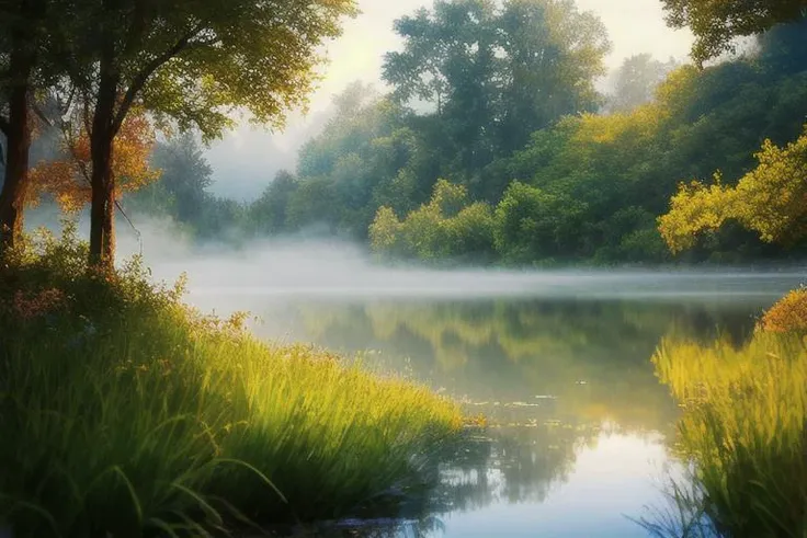masterpiece, best quality, high quality,extremely detailed CG unity 8k wallpaper, A tranquil and peaceful scene, featuring a serene lake nestled among rolling hills and surrounded by a verdant forest, with a misty morning fog that adds an air of mystery and enchantment, artstation, digital art, intricate, trending, muted colors, artstation, digital illustration, intricate, trending, pastel colors, oil paiting, award winning photography, Bokeh, Depth of Field, HDR, bloom, Chromatic Aberration ,Photorealistic,extremely detailed, trending on artstation, trending on CGsociety, Intricate, High Detail, dramatic, art by midjourney