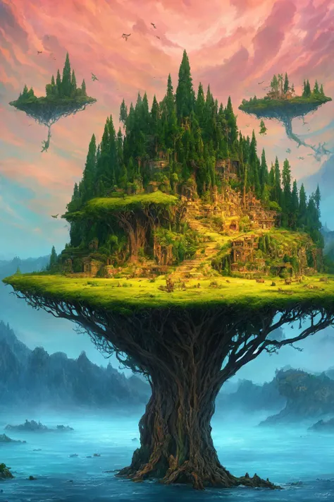 A mystical and epic landscape, featuring a fantastical and surreal world of floating islands, giant trees, and mythical creatures, that transport the viewer to a world of imagination and wonder, artstation, digital art, intricate, trending, bright colors