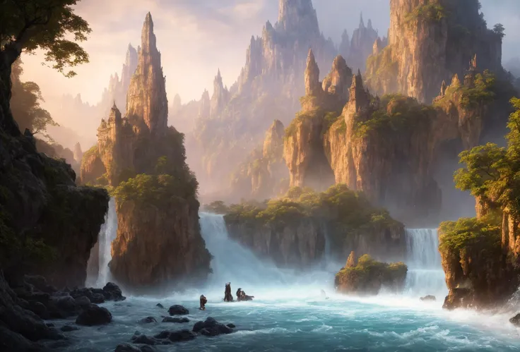 An enchanting and dreamy scene of a fantasy river flowing out of a karst cave, masterpiece, best quality, high quality, extremely detailed CG, with towering trees, hidden fairy glens, creating a sense of mystique and enchantment, artstation, digital illustration, intricate, trending, pastel colors, oil paiting, award winning photography, Photorealistic, extremely detailed, trending on artstation, trending on CGsociety, Intricate, High Detail, dramatic