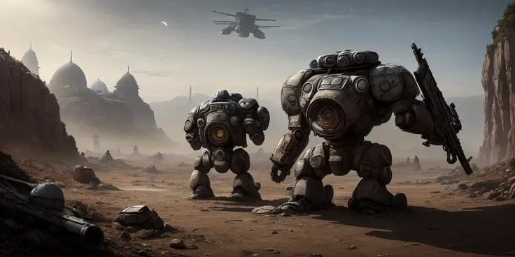 masterpiece,highres, highest quality,intricate detail,best texture,realistic,8k,soft light,perfect shadow, 
antediluvian, gleaming, Mech suit, A planet with a thick, toxic atmosphere, forcing its inhabitants to live in domed cities or underground bunkers., Asteroid Base, Alien battlefield
