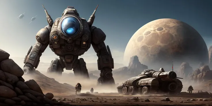 masterpiece,highres, highest quality,intricate detail,best texture,realistic,8k,soft light,perfect shadow, 
antediluvian, gleaming, Mech suit, A planet with a thick, toxic atmosphere, forcing its inhabitants to live in domed cities or underground bunkers., Asteroid Base, Alien battlefield