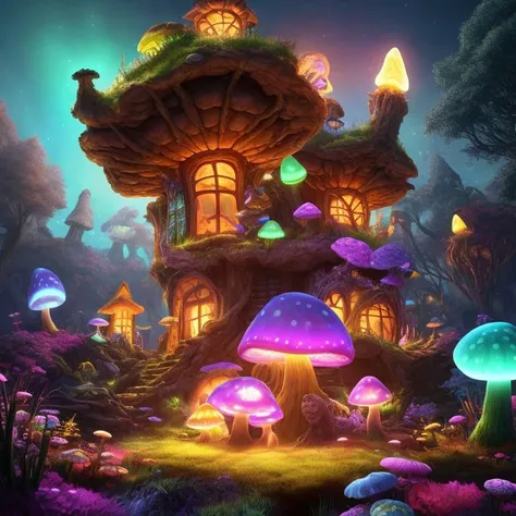 octane render unreal engine 2d animation (bioluminescent:1.2) psychadelic mushroom house (masterpiece:1.3) (illustration) (ultra quality) (insane detail) (intricate) (8k) (HDR) (wallpaper) (natural light) (deep dark shadows) (sharp focus)