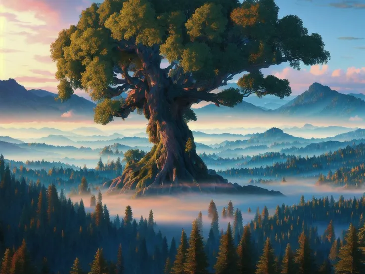 massive gnarled tree, world tree, mothertree, (dense forest), mountains, fog, overcast clouds, primordial, masterpiece, best quality, high quality, (extremely detailed CG unity 8k wallpaper), photorealistic, (hyperdetailed), from above, hdr, bloom