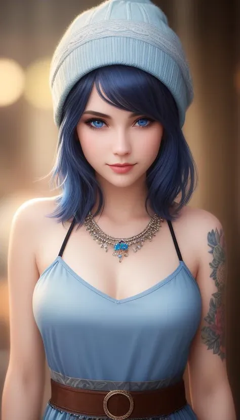 masterpiece, best quality, high quality,extremely detailed CG unity 8k wallpaper, 1girl, solo, blue hair, tattoo, short hair, beanie, jewelry, smile, necklace, looking at viewer, hat, realistic, open mouth, teeth, upper body, tank top, nose, bare shoulders, artist name, black headwear, collarbone, arm tattoo, blue eyes, lips, blurry, oil paiting, award winning photography, Bokeh, Depth of Field, HDR, bloom, Chromatic Aberration ,Photorealistic,extremely detailed, trending on artstation, trending on CGsociety, Intricate, High Detail, dramatic, art by midjourney