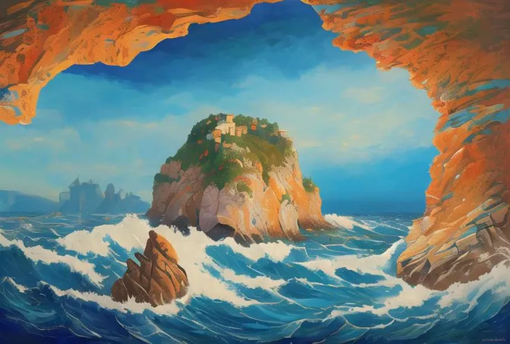 At the fringes of the sea, cliffs and rocky shores are adorned with elaborate Zhostovo paintings, depicting scenes from the planet's rich history. Waves crash against the vibrant, painted rocks, creating a mesmerizing dance of color. This region seamlessly combines elements of surrealism and magical realism.