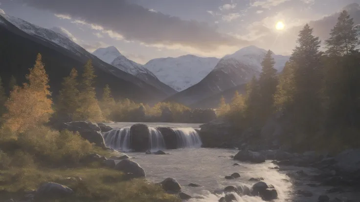 masterpiece, epic landscape, a beautiful Victorian landscape oil painting,
extremely detailed CG unity 8k wallpaper, (blurred water:1.3)
autumn colored forest, river flowing through thick forest, slow running water, calm water, waterfall, ((distant snowy mountains behind forest, sun rising over mountain)), (photographer with camera on tripod:1.5),
(sunrise, sun beams, lens bloom).
(oil painting by Greg Rutkowsky),volumetric lighting, realistic