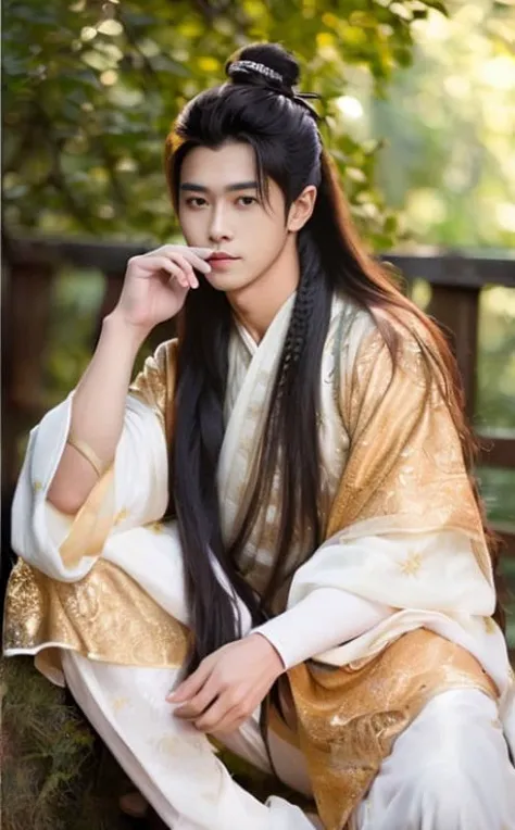 fullbody,foot,(8k, RAW photo, best quality, (masterpiece:1.2), (realistic:1.3), (photorealistic:1.3), ultra-detailed, (high detailed skin:1.2), 8k uhd, dslr, soft lighting, high quality, film grain, Fujifilm XT3, best quality, handsome,(((1boy:1.2))), <lora:hanfu:0.8>,long_hair,hair_stick,bun