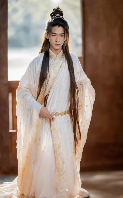 fullbody,foot,(8k, RAW photo, best quality, (masterpiece:1.2), (realistic:1.3), (photorealistic:1.3), ultra-detailed, (high detailed skin:1.2), 8k uhd, dslr, soft lighting, high quality, film grain, Fujifilm XT3, best quality, handsome,(((1boy:1.2))), <lora:hanfu:0.65>,long_hair,hair_stick,bun