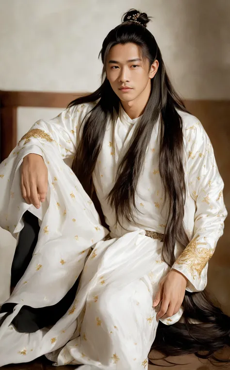 fullbody,foot,(8k, RAW photo, best quality, (masterpiece:1.2), (realistic:1.3), (photorealistic:1.3), ultra-detailed, (high detailed skin:1.2), 8k uhd, dslr, soft lighting, high quality, film grain, Fujifilm XT3, best quality, handsome,(((1boy:1.2))), <lora:hanfu:0.65>,long_hair,hair_stick,bun