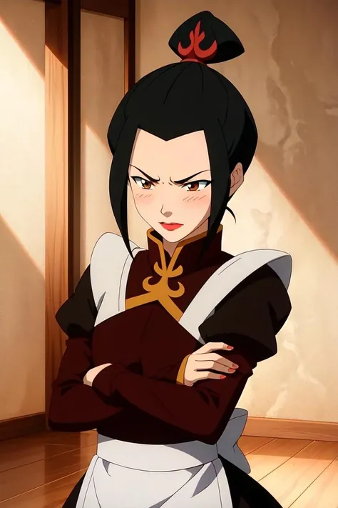 azula, 1girl, solo, short hair, black hair, hair ornament, ponytail, brown eyes, lipstick, red lips ,<lora:azula:0.55>
maid, embarrassed, blush, looks away