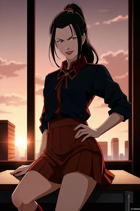 azula, 1girl, solo, smile, long hair, black hair, hair ornament, brown eyes, makeup, lipstick, red lips <lora:azula:0.55>
