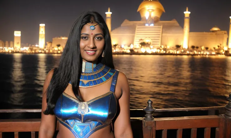 Canon EOS dark night RAW ((vintage photo)) portrait photo of (beautiful:1.2) ((indian ferro woman)) smirking standing wearing blue traditional plated armor-blouse with steel panties on (( luxuries traditional intricate design sundeck palace breathtaking futuristic egyptian city at night background skyscraper )) 8k uhd, dslr, soft lighting, high quality, film grain, Fujifilm XT3 epic landscape, natural, rugged, breathtaking