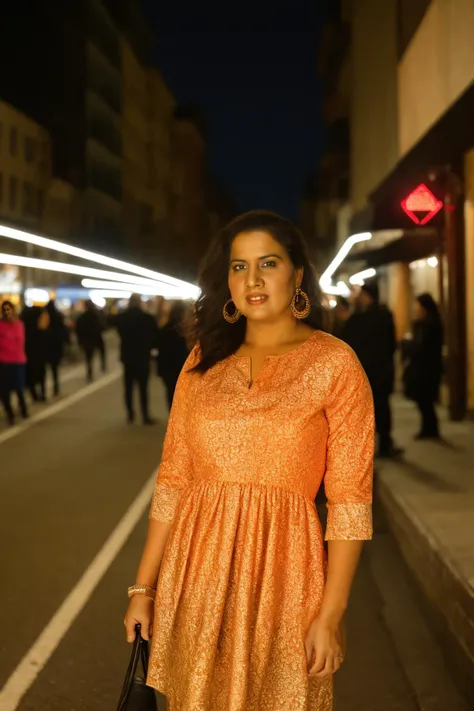 Hyperrealistic art Produce a hyper-realistic photograph of a 35-year-old female standing in the middle of a busy city street at night, with colored lights illuminating the scene. The subject is wearing a vibrant dress with a bold pattern, and she has a confident expression on her face. The painting is rendered in exquisite detail, with the colors and lighting giving the scene a vibrant and energetic feel."nsfw", <lora:Pakistani_Face:.9> . Extremely high-resolution details, photographic, realism pushed to extreme, fine texture, incredibly lifelike