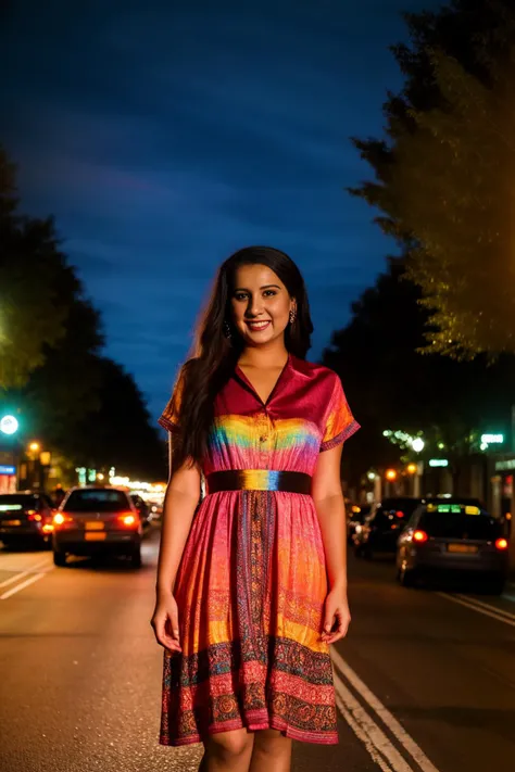 Dreamscape Produce a hyper-realistic photograph of a 23-year-old female standing in the middle of a busy city street at night, with colored lights illuminating the scene. The subject is wearing a vibrant dress with a bold pattern, and she has a confident expression on her face. The painting is rendered in exquisite detail, with the colors and lighting giving the scene a vibrant and energetic feel."nsfw", <lora:Pakistani_Face:.8> . Surreal, ethereal, dreamy, mysterious, fantasy, highly detailed