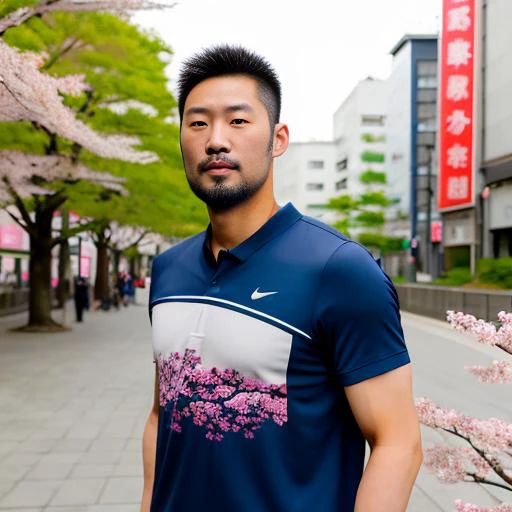man, asian, japanese, tall, athletic, slim, muscular, dark hair, short beard, piercing blue eyes, (sakura city background)