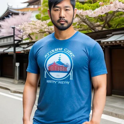 man, asian, japanese, tall, athletic, muscular, dark hair, scruffy short beard, piercing blue eyes, casual t-shirt, (sakura city background)