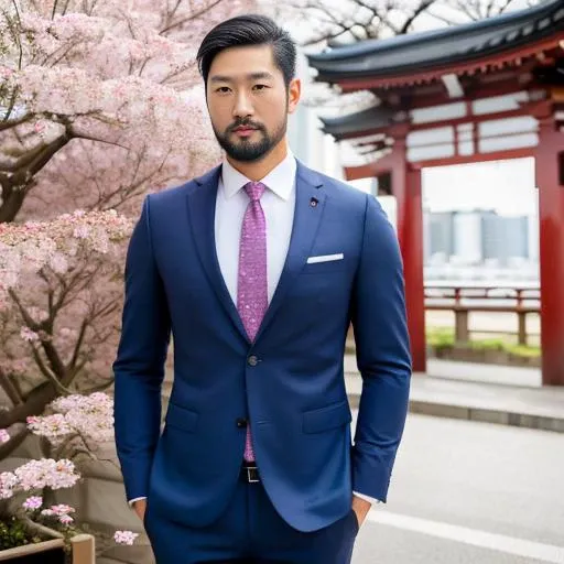 man, asian, japanese, tall, athletic, slim, muscular, dark hair, short beard, piercing blue eyes, casual suit, (sakura city background)