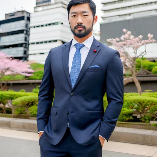 man, asian, japanese, tall, athletic, muscular, dark hair, scruffy beard, piercing blue eyes, casual suit, (sakura city background)