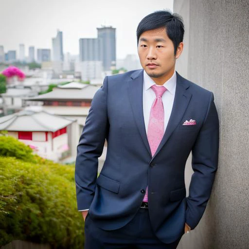 man, asian, japanese, tall, athletic, muscular, dark hair, scruffy beard, piercing blue eyes, casual suit, (sakura city background)