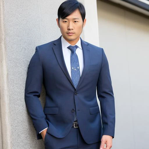 man, asian, japanese, tall, athletic, muscular, dark hair, scruffy beard, piercing blue eyes, casual suit