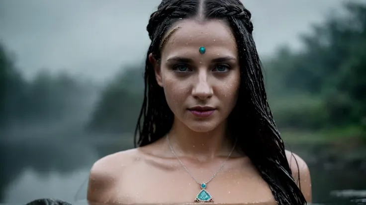 Cinematic film still from vikings, full wet body, of ((Female)), pale skin,  bindi on forehead, wearing shining diamond necklace, wearing jewellery on neck, wearing jewellery on hands, wearing jewellery on waist, seductive look, ((detailed facial features)), alluring blue eyes, (wet, detailed skin), magic, (cold colors), damp, moist, intricate details, shallow depth of field, [volumetric fog], cinematic lighting, reflections, (depth of field), photographed on a Canon EOS R5, 50mm lens, F/2.8, HDR, 8k resolution, full body setting,   <lora:more_details:0.6>