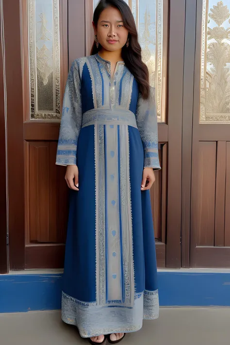 full body, masterpiece, ultra realist, really intricate details blue dress wear by Tibetan woman, really intricate background