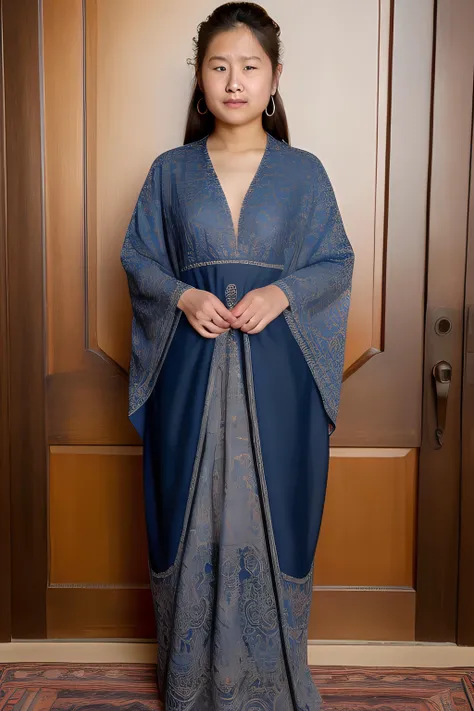 full body, masterpiece, ultra realist, really intricate details blue dress wear by Ainu woman, really intricate background