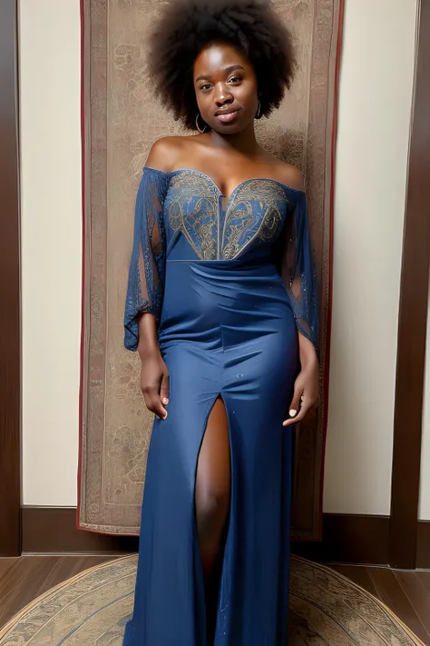 full body, masterpiece, ultra realist, really intricate details blue dress wear by Oromo woman, really intricate background
