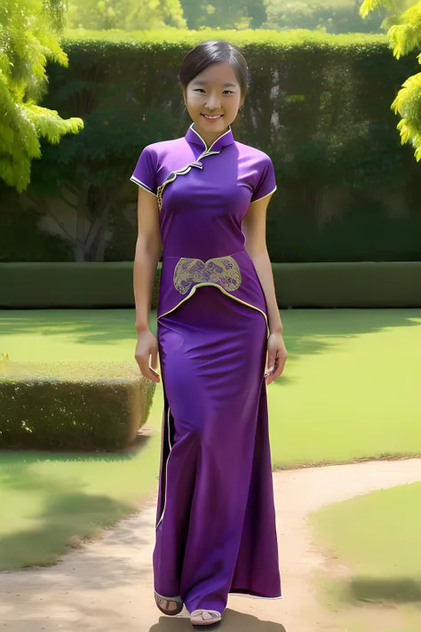 Arafed asian woman in a purple dress standing in a park - SeaArt AI