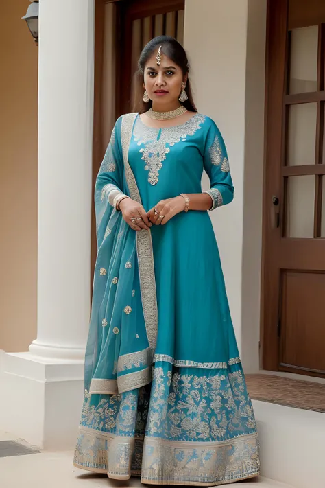 full body, masterpiece, ultra realist, really intricate details blue dress wear by Punjabi woman, really intricate background